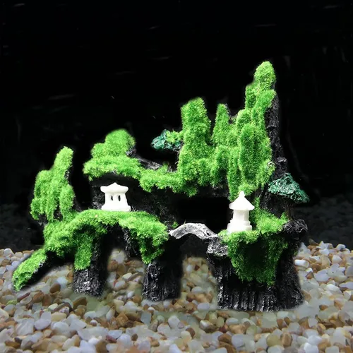 Miniatura 6 de Tfwadmx Decoración de pecera con vista de montaña, puente de piedra de acuario con musgo, cueva de casa de árbol para pequeña piel de camarón Betta