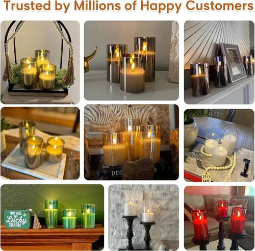 Miniatura 7 de Eywamage Juego de 3 velas LED de cristal verde, con forma de columna gruesa, funcionan con pilas, con control remoto, sin llama, parpadeantes