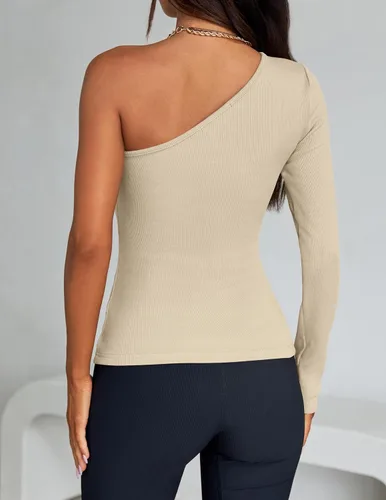 Miniatura 4 de ZESICA Camisetas de manga larga con un hombro para mujer, camisetas básicas ajustadas y ligeras de punto acanalado para otoño 2023