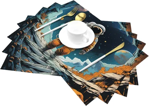 Miniatura 6 de 6 PCS PVC Placemats Set Place Mats Astronaut and Spaceship Non-Slip Weave Place Mats 12" x 18" Farmhouse Table Mat Set for Family Dinners Wedding
