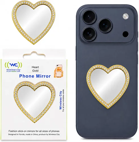 Miniatura 11 de Wireless City Espejo de teléfono con forma de corazón, espejo de maquillaje con diamantes de oro rosa con circonita cúbica, 2.2 in, ideal