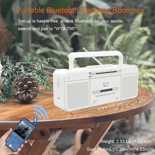 Miniatura 4 de Reproductor de cassette Boombox, radio AM/FM portátil estéreo con Bluetooth, USB, altavoz grande doble, conector para auriculares, grabación a