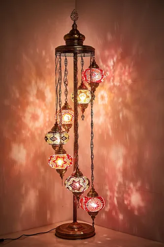 Miniatura 4 de DEMMEX - Lámpara de pie con mosaico marroquí turco de 7 globos grandes, lámpara de pie bohemia con mosaico Tiffany con enchufe y enchufe