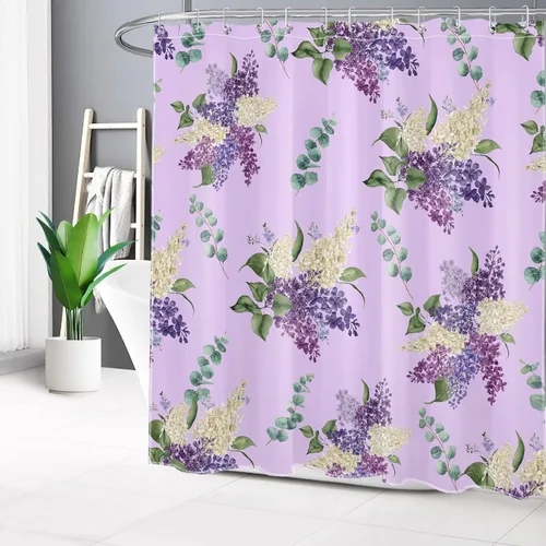 Miniatura 16 de EOBTAIN Cortina de ducha floral púrpura para baño, flores de acuarela y hojas de eucalipto verde sobre beige, cortina de ducha con 10 ganchos, juego