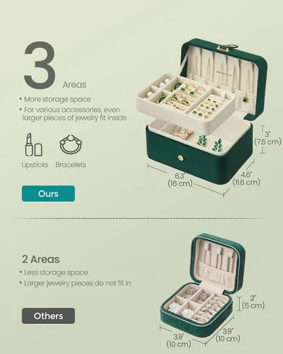 Miniatura 13 de SONGMICS Caja organizadora de joyas, estuche de viaje de 2 capas para aretes, collares, pulseras, almacenamiento portátil de joyas con gran Verde