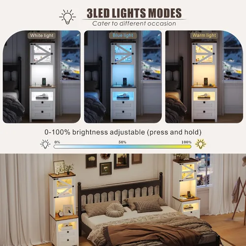 Miniatura 5 de HWB Mesita de noche alta con estación de carga y luces LED, mesita de noche de estilo granja con cajón para armas y estante ajustable, mesa de noche