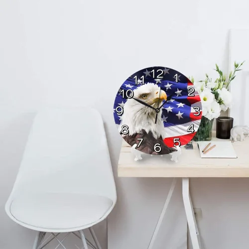 Miniatura 3 de Reloj de pared con bandera estadounidense patriótica de águila calva, funciona con pilas, reloj redondo silencioso para decoración de pared