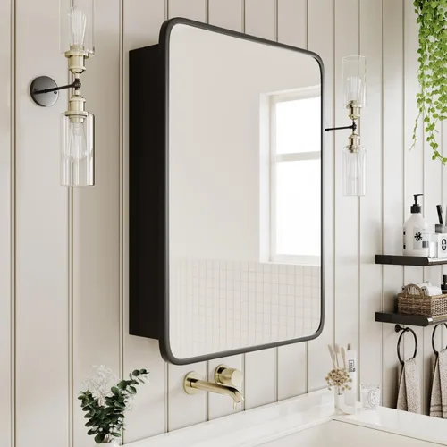 Miniatura 2 de AGDULL Armario negro de madera para baño de estilo vintage con espejo curvado de marco de metal negro de 16.5 x 24 pulgadas, gabinete de medicina