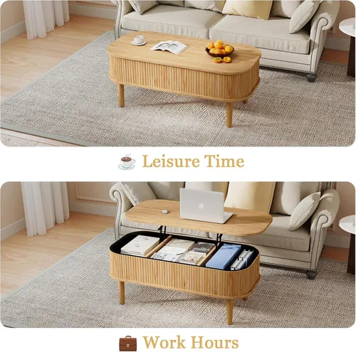 Miniatura 3 de Mesa de centro acanalada con tapa elevable y almacenamiento oculto, mesa de centro ovalada con tapa elevable, diseño moderno de mediados de siglo