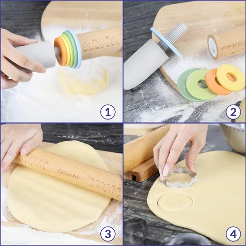 Miniatura 3 de Geesta - Rodillo de madera ajustable con 5 anillos de grosor, mango de rodillo de masa preciso con diseño de prensa y guía de medición para hornear
