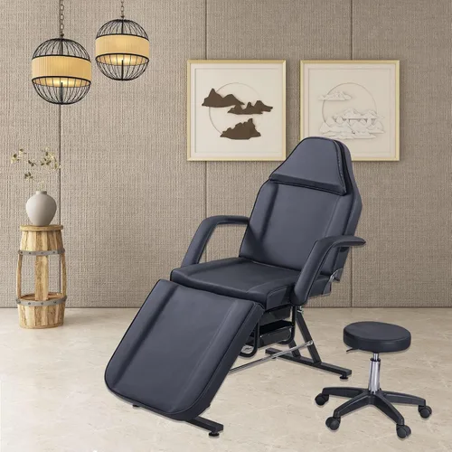 Miniatura 11 de Silla de tatuaje de salón de masaje con dos bandejas, cama esteticista con taburete hidráulico, mesa de cama facial multiusos de 3 secciones,
