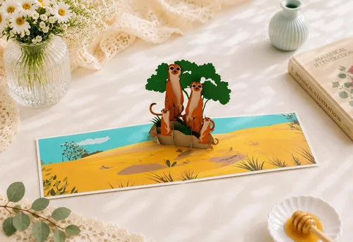 ETA Tarjeta desplegable 3D de la familia de suricatas, tarjeta desplegable 3D de animales salvajes, tarjeta de naturaleza, tarjeta desplegable para