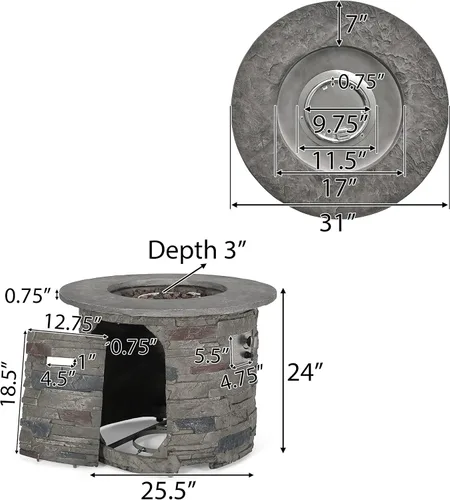 Miniatura 3 de Christopher Knight Home Hoonah - Fogata circular MGO con parte superior gris, 40,000 BTU, 32 pulgadas, piedra natural/parte superior gris