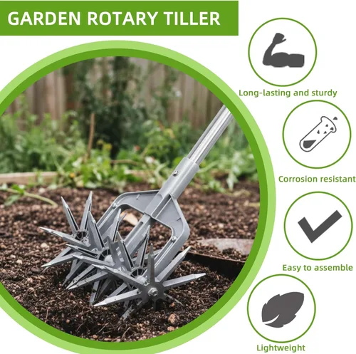 Miniatura 7 de Cultivador giratorio, herramienta de jardín ajustable con púas de metal sólido desmontables para aflojar y mezclar tierra, cultivador de jardín
