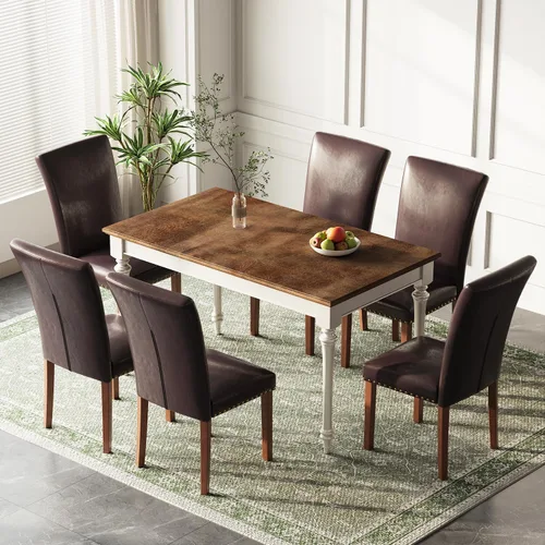 Miniatura 27 de Juego de 2 sillas de comedor de granja, respaldo alto con patas de madera y ribete de cabeza de clavo, silla de comedor de tela moderna