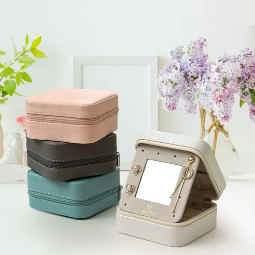Miniatura 5 de Vee - Estuche pequeño para joyas de viaje mini organizador de joyas con espejo portátil caja de joyería para aretes anillos collares pulseras
