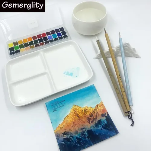 Miniatura 5 de Paleta de acuarela de porcelana de 10 x 7 pulgadas, bandeja de mezcla de cerámica, rectangular, paleta de pintura para pintores, gouache 3 Pozos