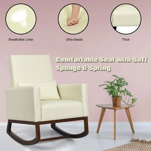 Miniatura 7 de Giantex Mecedora de tela con respaldo alto y almohada para la cintura, de madera, cónica y mecedora de dos patas, silla tapizada multifuncional
