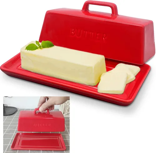 Mantequillera con tapa, mantequilla de porcelana de 7 pulgadas, apto para lavavajillas, mantequilla de cerámica con diseño de mango para encimera