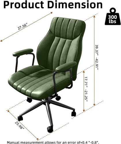 Miniatura 2 de Silla de escritorio de cuero verde Bananister con ruedas y brazos, altura ajustable, estilo vintage, moderno de mediados de siglo