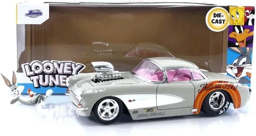Miniatura 7 de Jada Looney Tunes 1:24 1957 Chevrolet Corvette - Coche fundido a presión y figura de Bugs Bunny de 7 cm, juguetes para niños y adultos Gris