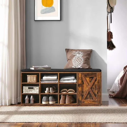 Miniatura 4 de VASAGLE Banco de zapatos, banco de almacenamiento con armario y 9 compartimentos abiertos, estante para zapatos, asiento acolchado, puerta