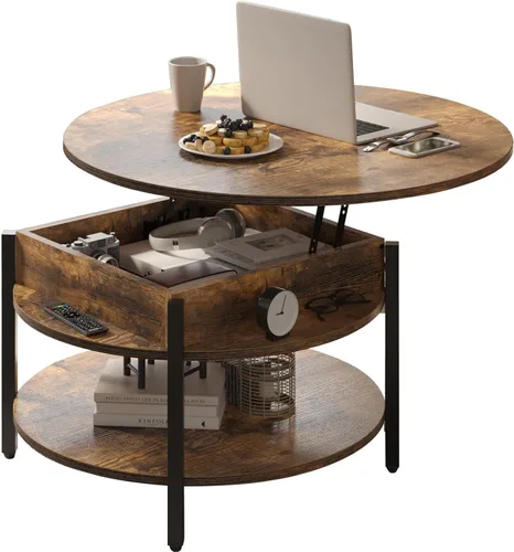 Miniatura 10 de FABATO Mesa de Centro Redonda con Tapa Elevable con Almacenamiento y Compartimento Oculto, 26.77'' Mesa de Centro Estilo Granja para Sala de Estar