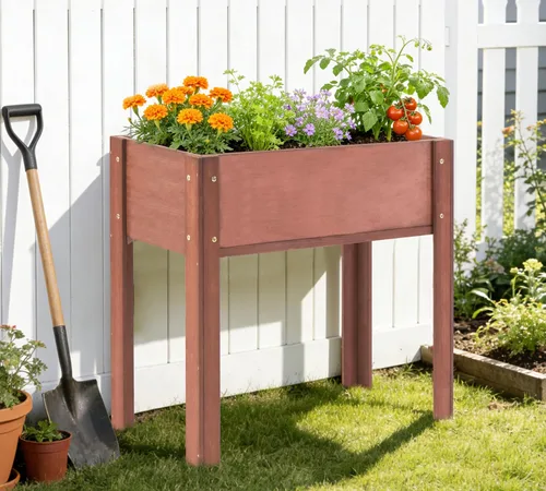Miniatura 7 de Cama de jardín elevada con patas, 31 x 16 x 31 pulgadas, jardinera elevada de madera para exteriores, patas gruesas, con forro Marrón