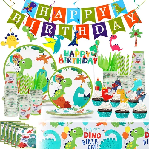 Tessco - 193 piezas de suministros para fiesta de cumpleaños de dinosaurios, incluye platos, tazas, servilletas, pancartas, cuchillos, tenedor,