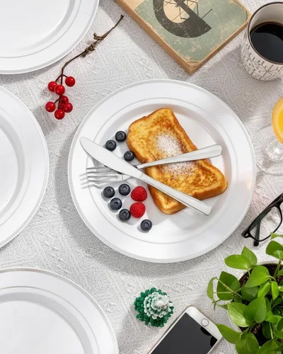 Miniatura 7 de bUCLA 100 platos de plástico plateados, platos desechables de borde plateado de 10.25 pulgadas, ideales para bodas, fiestas