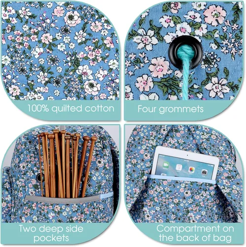 Miniatura 5 de Organizador de almacenamiento de hilo grande con ojales para madejas de hilo, ganchos de ganchillo, agujas de tejer, Flor-azul, Grande, Moderno flor