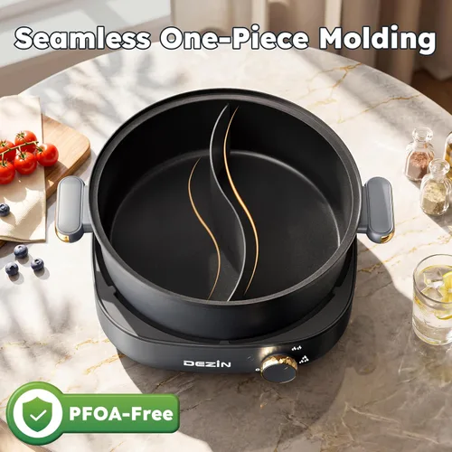 Miniatura 3 de Dezin Olla Caliente Eléctrica con Divisor, Shabu Shabu Eléctrico de 4L con Olla de Doble Sabor, 3.7" de Profundidad Antiadherente de Doble Lado
