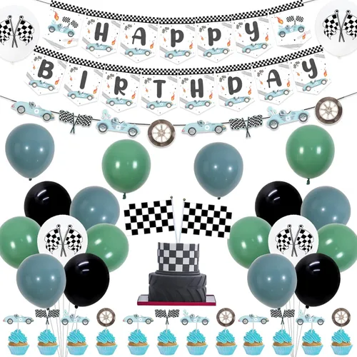 Decoraciones vintage de cumpleaños de coche de carreras para niños, pancarta de feliz cumpleaños de coche de carreras, guirnalda, adorno de bandera
