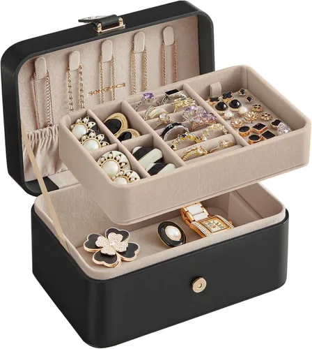 Miniatura 40 de SONGMICS Caja organizadora de joyas, estuche de viaje de 2 capas para aretes, collares, pulseras, almacenamiento portátil de joyas con gran Verde