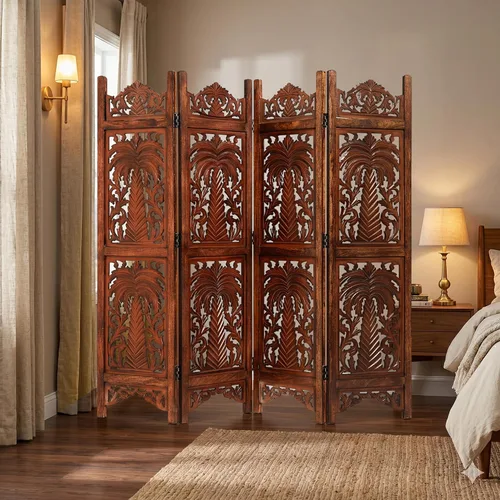 Miniatura 2 de Lightnpro 4 Panel Palm Tree Wooden Room Divider 64"(W) x 60"(H) Hand-Carved Folding Privacy Screen, Pre-Assembled Decorative Partition for Living