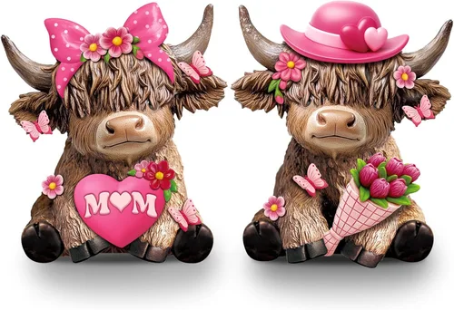 Karenhi 2 piezas de figuritas de vaca de las Tierras Altas para el Día de la Madre, figuritas de gnomo de vaca con flores y corazón de MADRE de