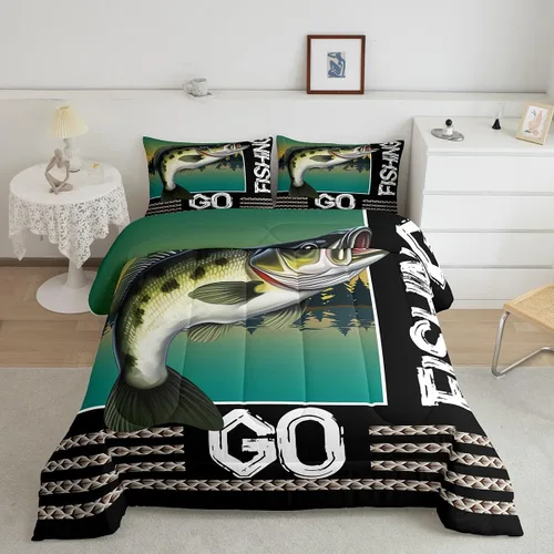 Miniatura 12 de Erosebridal Juego de ropa de cama de pesca tamaño individual, juego de edredón de peces coloridos para niños, adolescentes, hombres, pescadores