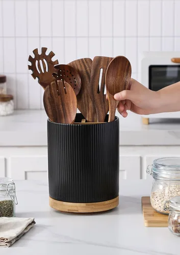 Miniatura 4 de LoeJan Soporte para Utensilios de 3 Compartimentos, Recipiente para Utensilios Extra Grande, Organizador de Utensilios de Cerámica Estable, Juego