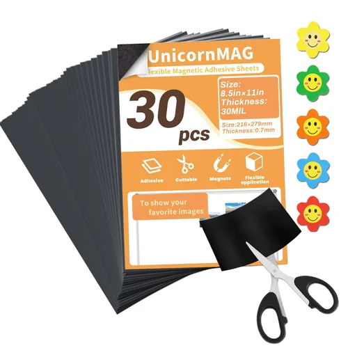 Hojas Magnéticas 8.5" x 11" Paquete de 30 - Hojas Magnéticas Flexibles con Respaldo Adhesivo para Manualidades DIY e Imanes de Fotos, Adecuadas para