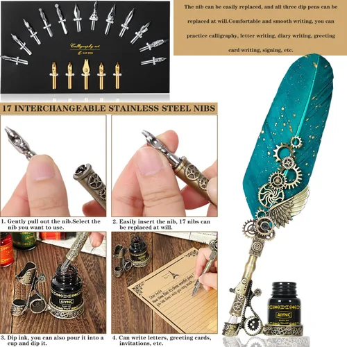 Miniatura 4 de Juego de tinta de pluma con pluma estilográfica, pluma estilográfica de madera, pluma estilográfica de vidrio, 6 botellas de tinta, papel de 16 Verde