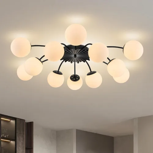 Lámpara de araña Sputnik de 12 luces, color negro con burbujas de vidrio de leche | Luces de techo semi empotradas, acento de flor, Art Deco de