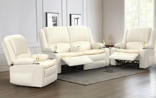 Miniatura 25 de Yolsali Juego de sofá biplaza con 2 capas de cojín para sala de estar, 2+1 pieza, sofá doble reclinable de 2 plazas, de cuero con consola extraíble
