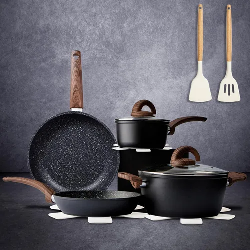 Vkoocy Juego de ollas y sartenes antiadherentes, juego de utensilios de cocina de cerámica saludable, 12 piezas de ollas de cocina y sartenes para