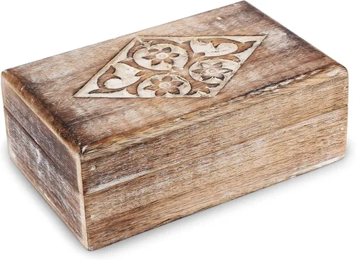 Miniatura 8 de Ajuny Joyero de madera con tallas florales y de diamantes, hecho a mano, decorativo, marrón y blanco, caja de almacenamiento multiusos, organizador