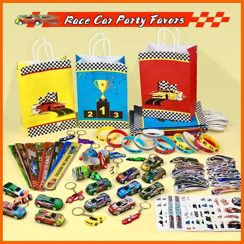 Miniatura 6 de Recuerdos de fiesta de coche de carreras, 110 piezas, con temática de automóvil, suministros para fiesta de cumpleaños, incluye pulseras, llaveros