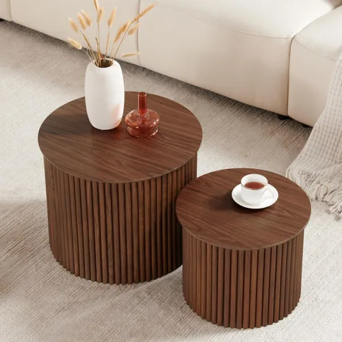 Juego de 2 mesas de centro redondas anidables con estrías, mesa de café de estilo moderno de mediados de siglo, mesa auxiliar circular, mesa de Nogal