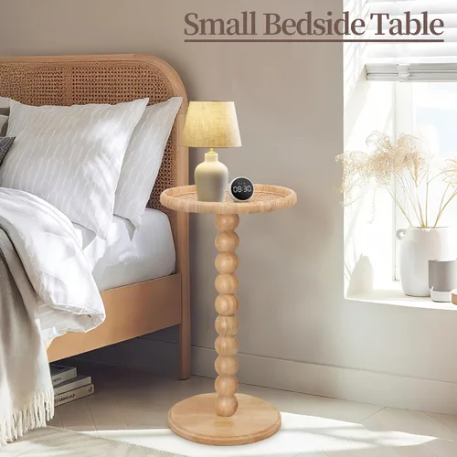Miniatura 6 de Mesa de bebidas, mesa auxiliar redonda pequeña de ratán bohemio para espacios pequeños, mesa auxiliar circular de madera maciza para sala de estar