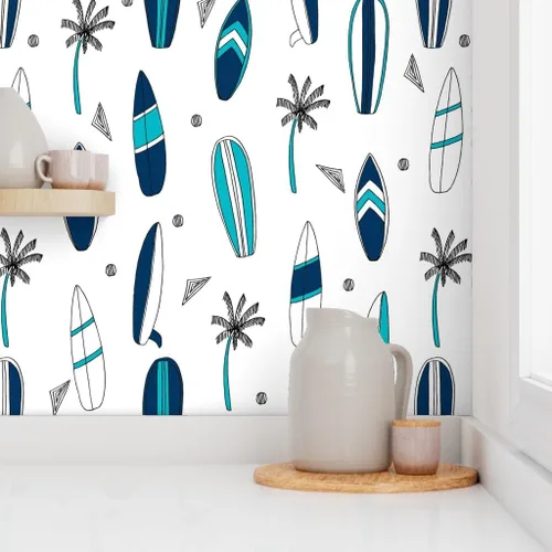 Miniatura 8 de Spoonflower Papel tapiz para despegar y pegar - Tabla de surf Tropical Verano Azul marino Blanco Playa Azul Papel pintado extraíble personalizado