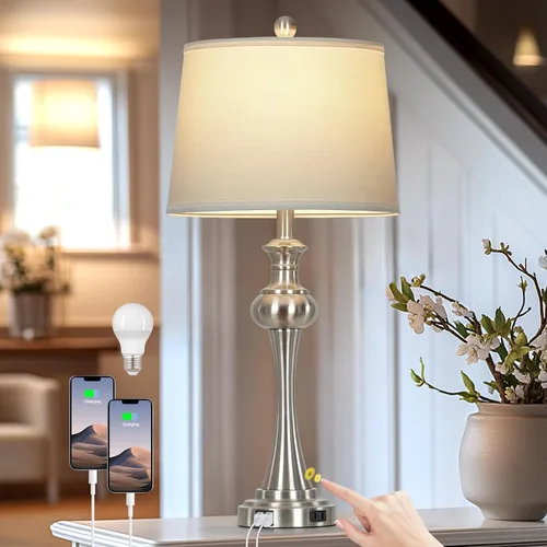Miniatura 8 de CINSARY Lámpara de mesa marrón alta de 29", lámpara de noche con control táctil regulable en 3 vías con USB A+C y toma de corriente AC