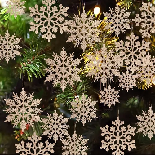 Paquete de 36 adornos de copos de nieve de champán con purpurina de plástico para decoración de árbol de Navidad de invierno, el tamaño varía con